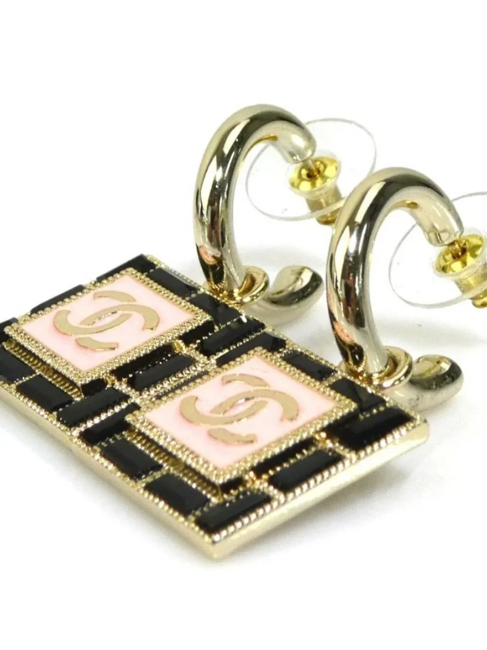 CHANEL CC Logo Pierce Earrings Gold/Black/Pink Metal/Enamel